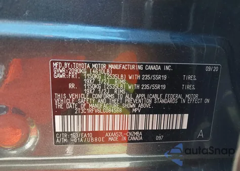 2020 Toyota Rav4 Xle Premium z USA, uszkodzony, nr VIN 2T3C1RFV6LC084568